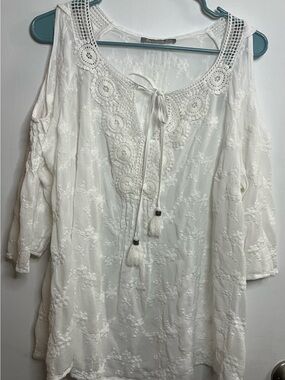Daniel Rainn Cream Crochet Tie-Front Boho Top
